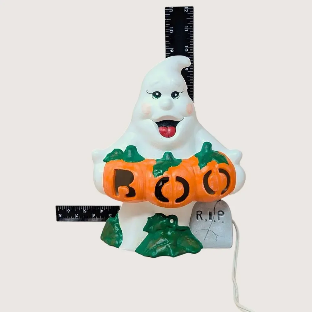 Vintage Light Up Ceramic Ghost Holding Boo Pumpkins Halloween Figurine